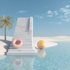Beach stairs, inflatable toys, calm scene