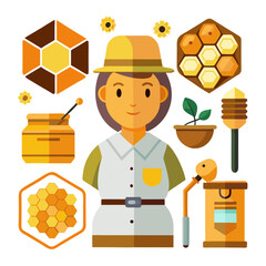 Collection of charming beekeeping and apiary icons for a hive and beekeeper