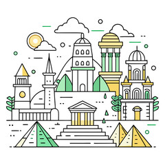 Simplified line art illustrations of the seven ancient wonders of the world