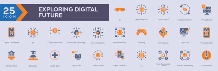 Exploring Digital Future icons collection vector images in glyph style dual tone, containing several vr, digital identities, digital world icons. can also be used for Web and application icons,
