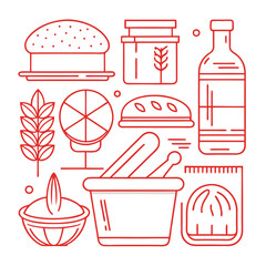 Delicate line art icons representing artisanal bakery tools and baking elements