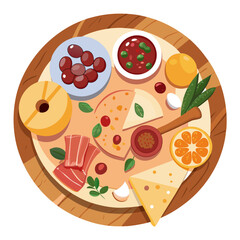 Top down illustration of a gourmet artisanal charcuterie board with various cheeses and meats