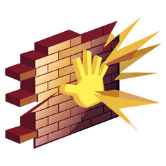 Determined hand breaking through a solid barrier to achieve freedom and success