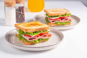 Close-up of two sandwiches with bacon, salami, prosciutto and fresh vegetables on rustic wooden...