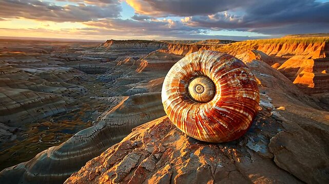 A vibrant sunset over a canyon landscape featuring a large, colorful ammonite fossil on a rocky ledge