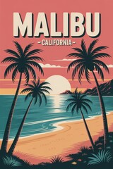 Fototapeta premium Vintage Travel Poster of Malibu Beach Sunset, California 