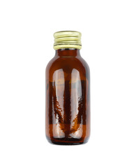 Brown glass bottle with gold screw cap for liquid storage isolated on transparent background