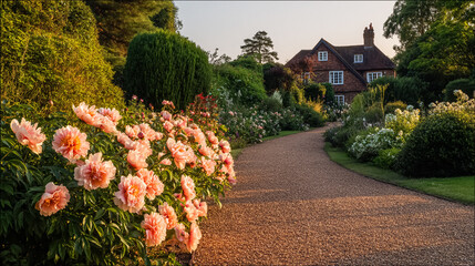 Country cottage garden featuring pathway, seasonal flowers, manicured lawn, stone edging, and formal planting arrangements