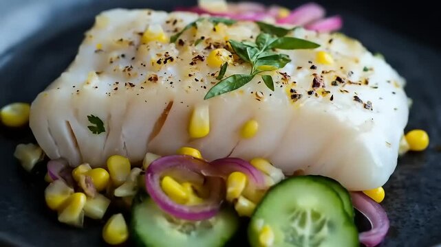 Baked Cod with Corn, and Cucumber Salad.