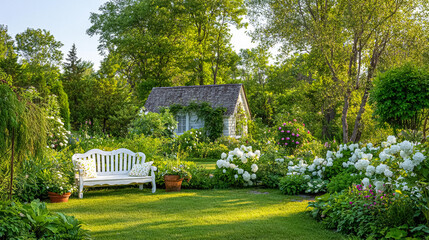 Country cottage garden featuring pathway, seasonal flowers, manicured lawn, stone edging, and formal planting arrangements