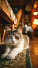 Adorable cat resting indoors, peaceful atmosphere.