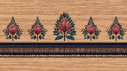 Decorative floral and geometric pattern on light brown wooden background with pink flowers, green leaves, blue stripe, diamond shapes, and black-white zig-zag design.