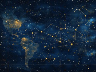 Celestial Cartography: A Starry World Map of Constellations and Continents Illuminated in Gold Against a Deep Blue Night Sky.