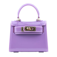 Glossy purple mini handbag with gold buckle and elegant design isolated on transparent background