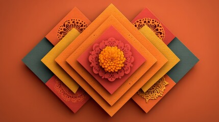 Geometric layered composition with diamond-shaped arrangement of warm-hued squares in orange, red, and yellow, featuring a central 3D floral motif resembling a chrysanthemum.