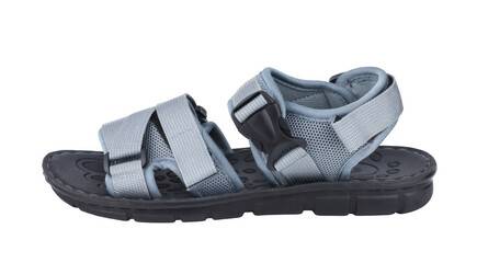 Gray sport sandal with adjustable straps and textured sole for outdoor activities isolated on transparent background
