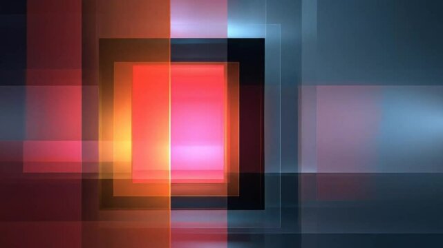 Overlapping translucent rectangles in shades of red, orange, pink, and blue glow against a darker background.