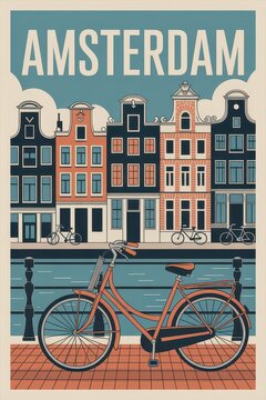 Vintage Travel Poster of Amsterdam Canal and Bicycle, Netherlands
