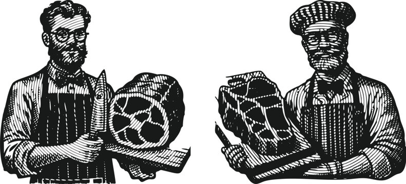  Heavy lined black vector bundle illustration of a butcher wearing glasses and proudly holding a prime cut of meat, vintage retro style drawing, isolated bold graphic for print and design