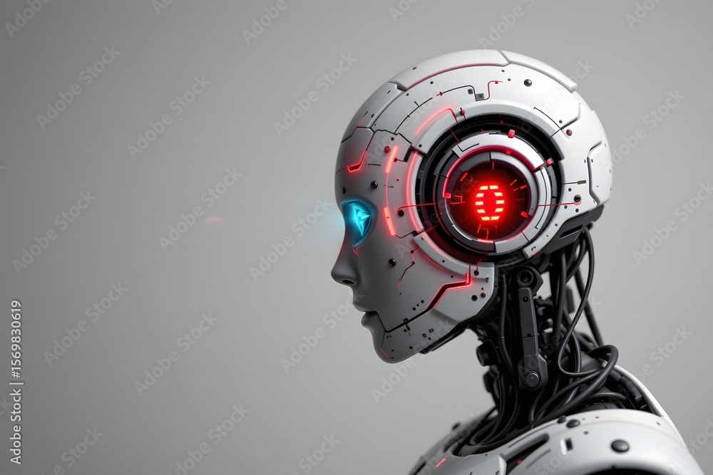 Poster digital sentinel: a high-tech robot with glowing eyes and futuristic design gazes forward. the image