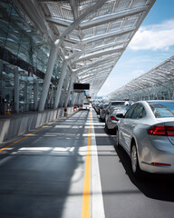 Electric vehicle waiting in airport pickup lane