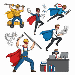 A set of images. A diverse team of office and construction workers in a heroic mood posing as superheroes isolated on a white background