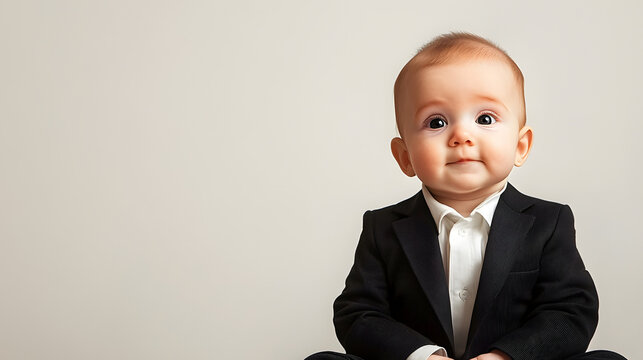 un bebe peque&ntilde;o sentado vestido con un traje negro elegante y formal con un fondo claro con espacio de copia con una sonrisa ligera y ternura