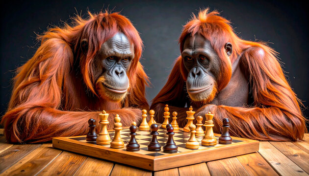Two orangutans sit at a wooden table, fully absorbed in a game of chess, their curious expressions adding a playful, intellectual twist to this jungle-inspired moment.