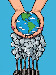 Conceptual vertical illustration about air pollution and environmental protection, showing Earth above factory smoke."