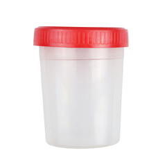 Transparent plastic container with red lid for storage solutions isolated on transparent background