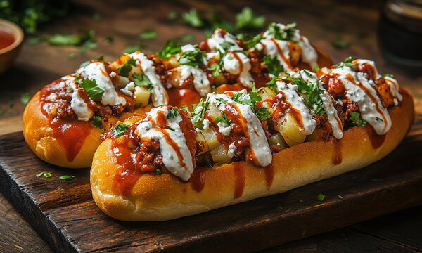 Pambazos - Soft bread rolls dipped in red chili sauce, filled with potatoes and chorizo, and topped with lettuce, cheese, and cream.