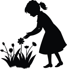 Girl picking flowers in meadow vector silhouette  