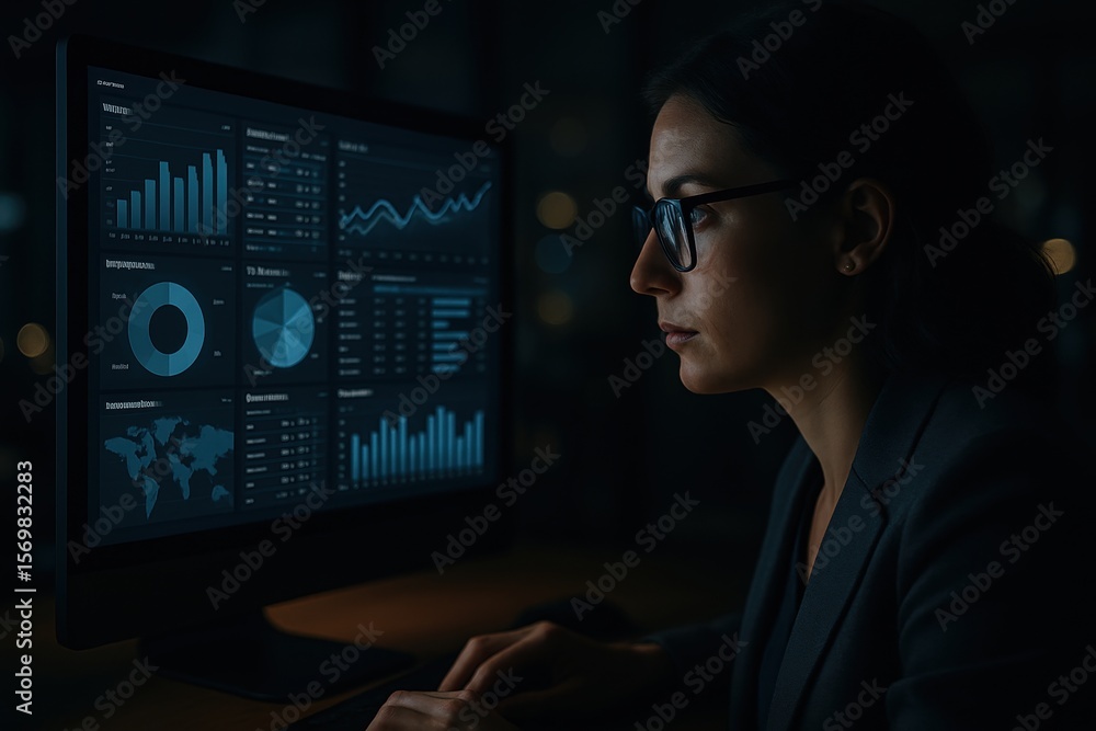 Poster data analyst at night: a focused female data analyst meticulously examines complex charts and graphs