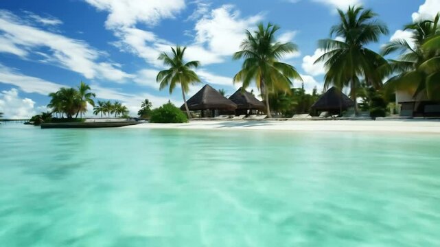 Thatched huts stand on a white sandy beach lined with palm trees, bordering a tranquil turquoise lagoon under a blue sky.