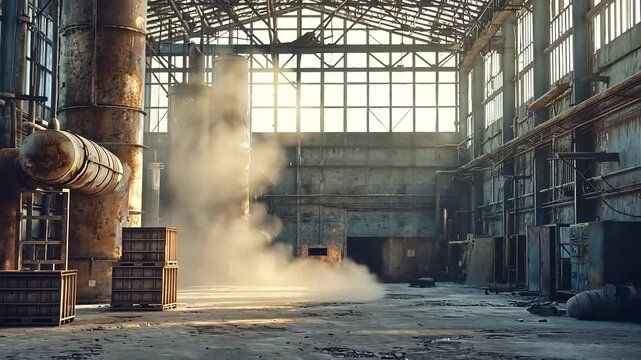 Abandoned industrial warehouse with sunlight streaming through windows and smoke rising