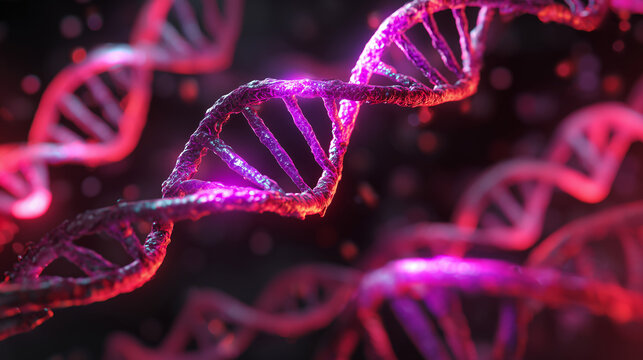 Multiple DNA strands in vivid purple and red colors, representing genetics, science, and biotechnology with a modern and abstract visual style. - Powered by Adobe