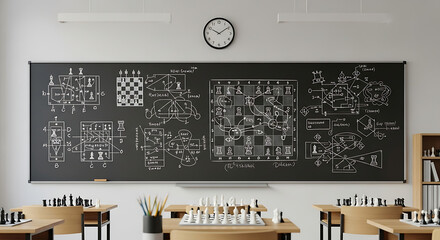 Classroom with chessboards and diagrams on a chalkboard, desks with chess pieces, and a clock on the wall.