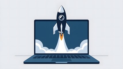 A illustration of a rocket launching from a laptop screen. 
