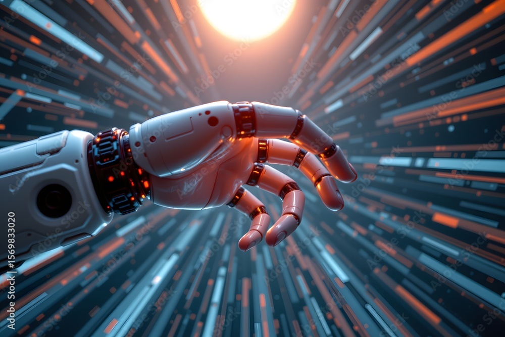 Poster technological hand of tomorrow: a highly detailed robotic hand extends forward, its metallic form in