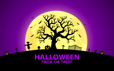 Halloween background flyer poster design with pumpkin, ghost, flying bat, at night during full moon. vector illustration.