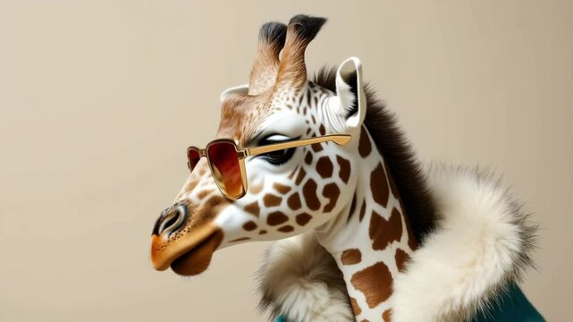A giraffe wearing sunglasses and a fur coat poses against a neutral background. The animal has a playful expression, showcasing its unique features.
