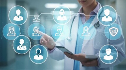 Telemedicine and Patient Care: Doctor using digital tablet connecting with remote patients network - Powered by Adobe