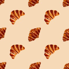 Seamless pattern of Croissant Bread Drawing with Oil Painting, French Bakery Hand Drawn