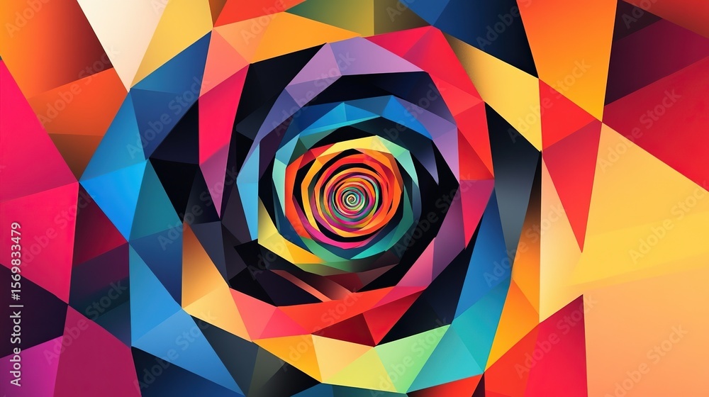 Poster a colorful abstract vortex illusion made of layered geometric shapes.