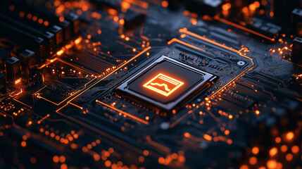 Glowing circuit board with central processor and orange lights computer technology