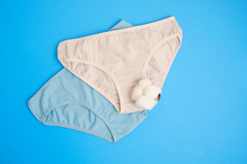 Set of women's comfortable cotton briefs slips with cotton flower top view. Concept: feminine hygiene and health. Gynecology and reproductive functions. panties for teenager