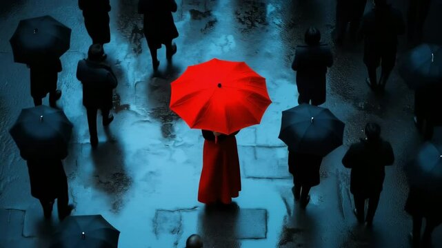 A crowd of people with black umbrellas in a rainy urban setting. One person stands out with a bright red umbrella and a red coat.