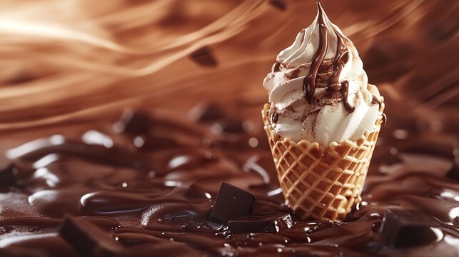 A delicious swirl of vanilla and chocolate ice cream in a waffle cone, melting slightly.