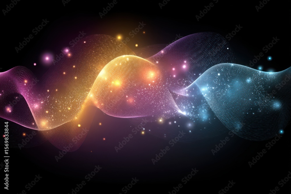Poster filled with glowing lines and stars, creating a mesmerizing visual display. the energy waves and vib