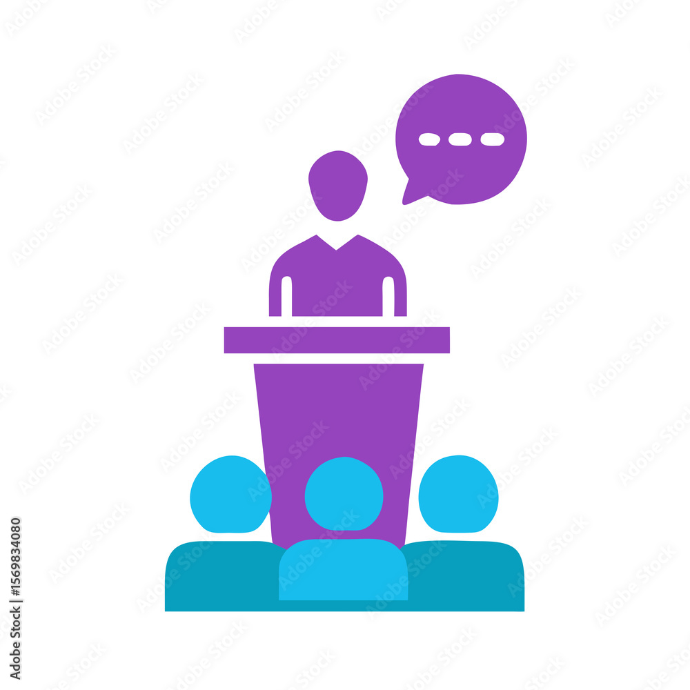 Poster speaker addressing audience at podium with speech bubble icon symbolizing communication and presenta